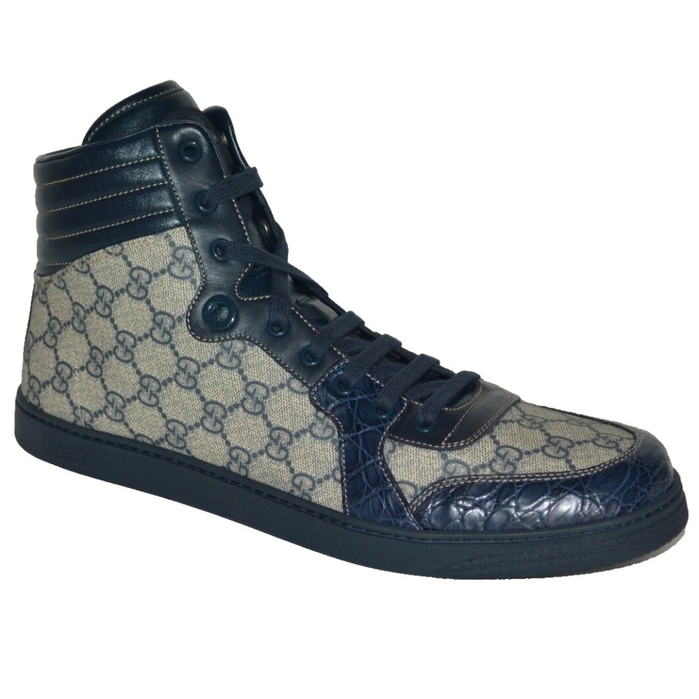 NIB GUCCI GG SUPREME CANVAS MENS HITOP CROCODILE LEATHER TRIM SNEAKERS - Picture 1 of 10